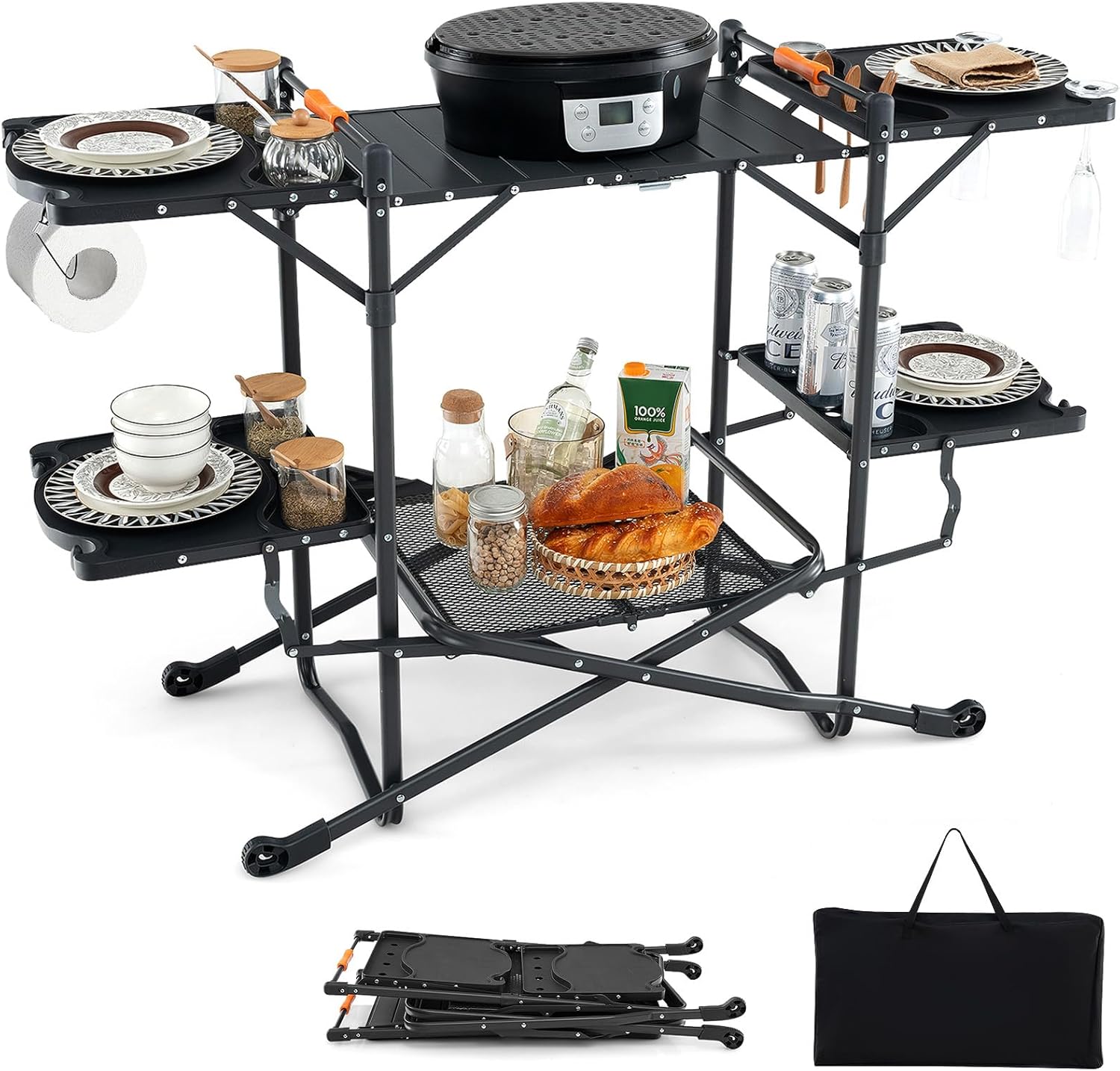 Camping Cooking Top - 알루미늄 상판, 4개의 사이드 테이블, 수납