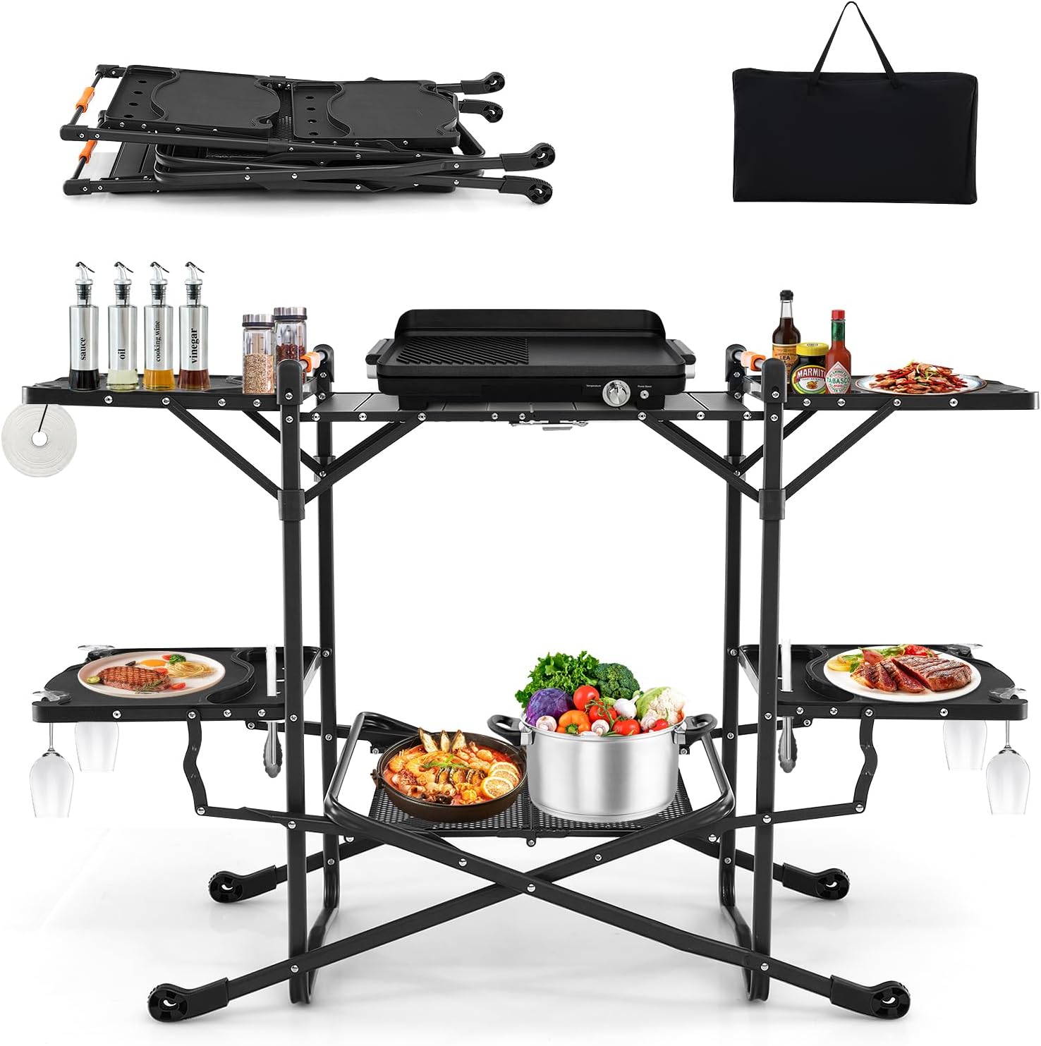 Camping Cooking Top - 내열성 상판, 4개의 사이드 테이블, 수납